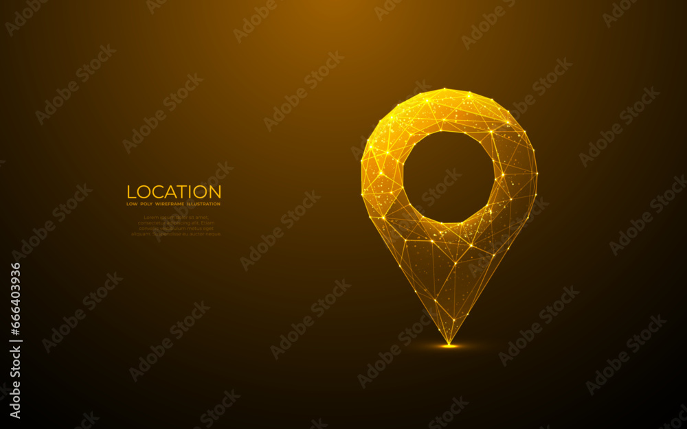 Poster abstract location pin. digital gps light golden icon. low poly wireframe vector illustration in futu