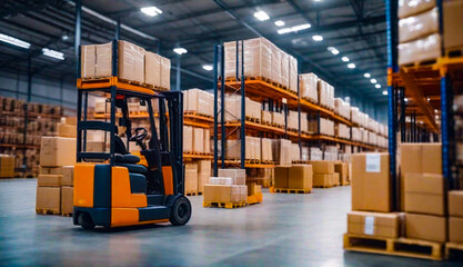 Retail warehouse full of shelves with goods in cartons, with pallets and forklifts. Logistics and transportation blurred background.