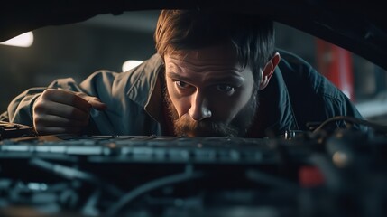 Fototapeta na wymiar Young bearded mechanic is looking under the car hood