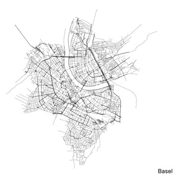 Basel city map with roads and streets, Switzerland. Vector outline illustration.
