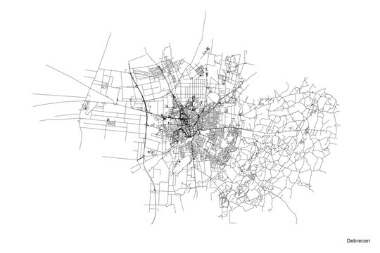 Debrecen city map with roads and streets, Hungary. Vector outline illustration.