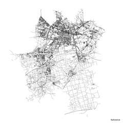 Katowice city map with roads and streets, Poland. Vector outline illustration.