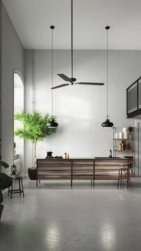 3d Render of kitchen with wood furniture with day lighting. Ceiling industrial black lamps, little interior tree. Concrete floor and plaster wall with elevated ceiling. Shelf with decoration.