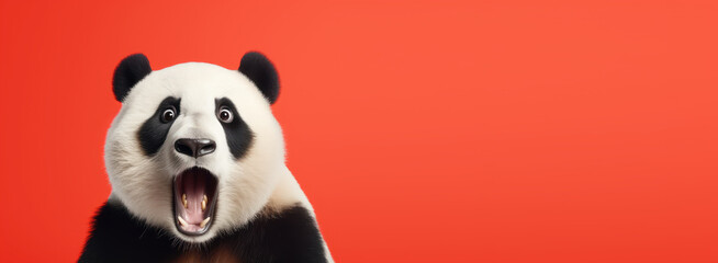 Studio headshot portrait of surprised panda on bright colors studio banner with empty copyspace