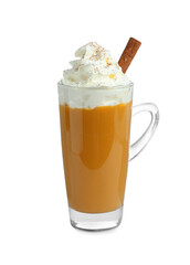 Cup of pumpkin spice latte with whipped cream and cinnamon stick isolated on white
