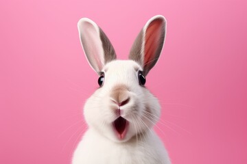 Studio headshot portrait of surprised rabbit on bright colors studio background - obrazy, fototapety, plakaty