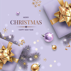 Fototapeta na wymiar Square banner with gold, purple Christmas symbols and text. Christmas tree, gift, balls, golden tinsel confetti and snowflakes on light. Luxury background. 