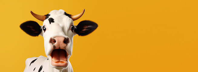 Studio portrait of surprised cow standing on bright colors studio banner with empty copyspace - obrazy, fototapety, plakaty