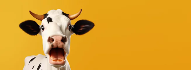 Foto op Plexiglas Studio portrait of surprised cow standing on bright colors studio banner with empty copyspace © CYBERUSS