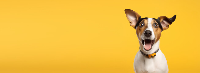 Studio portrait of surprised dog standing on bright colors studio banner with empty copyspace