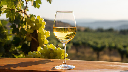 Glass of white wine on table with blurry landscape
