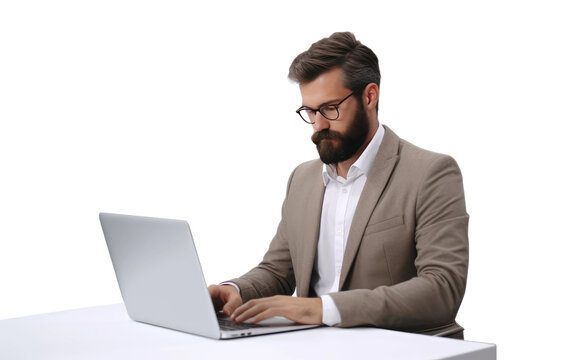 Businessman at Computer Desk on White or PNG Transparent Background.