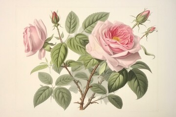 Vintage print of rosa damascena variegata. Generative AI