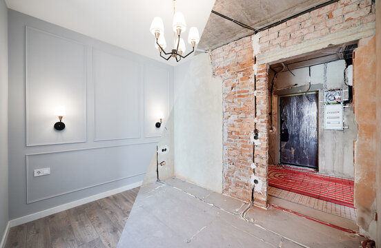 Photo collage of apartment room before and after restoration or refurbishment. Old room with doorway and new renovated living room with parquet floor and elegant interior design.