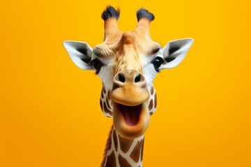 Studio headshot portrait of surprised giraffe on bright colors studio backgorund