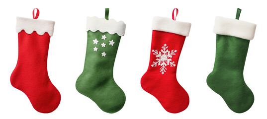 Red and green Christmas stocking, sock isolated on transparent background. New Year holidays.