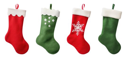 Red and green Christmas stocking, sock isolated on transparent background. New Year holidays.