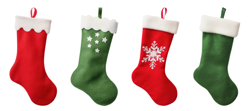 Red and green Christmas stocking, sock isolated on transparent background. New Year holidays.