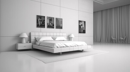 Simple white bed to the front white wall no decoration.Generative AI