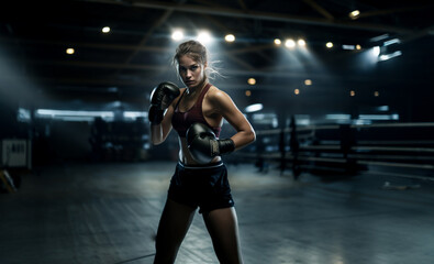 Fototapeta na wymiar Young blonde caucasian woman boxer before competing in a ring