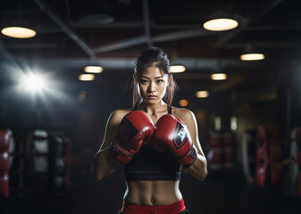 Portrait of an Asian female boxer in a gym