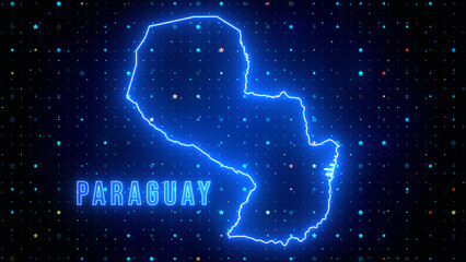 Futuristic Blue Shine Paraguay Outline Map And Label Text Glowing Neon Light With Stars Sparkle Grid Background - obrazy, fototapety, plakaty