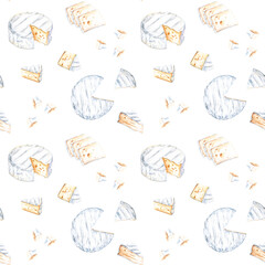 Seamless pattern with Brie, Camembert cheese. Hand drawn watercolor illustration for wrapping wallpaper fabric textile