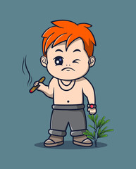 vector illustration of young man holding a cigarette with plants around. lifestyle icon concept