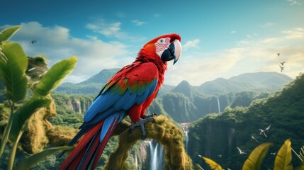 Scarlet macaw Ara macao on beautiful amazon forest background, Red and Blue Neotropical parrot native to humid evergreen forests of the Americas