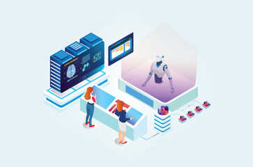 Modern Isometric artificial intelligence robot learning illustration, Web Banner, Suitable for Diagrams, Infographics, Book Illustrations, Game Assets and Other Graphic Related Assets
