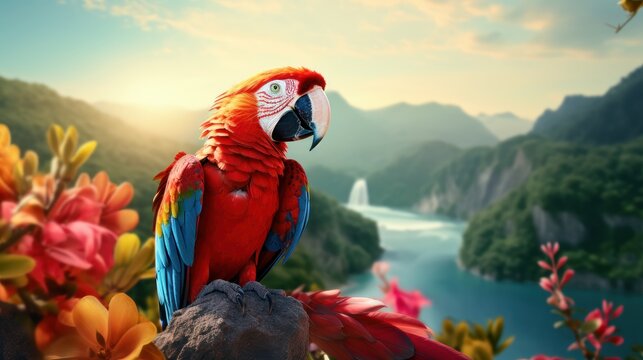 Scarlet macaw Ara macao on beautiful amazon forest background, Red and Blue Neotropical parrot native to humid evergreen forests of the Americas