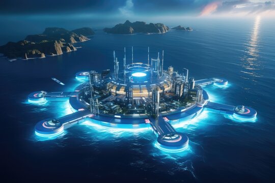 Futuristic power plant of the future in the ocean, water energy