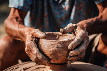 hands of a potter forming clay on a potter's wheel in action, creative process, making pottery, Heritage Craft. 