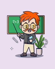 vector illustration of a teacher teaching by pointing at the blackboard while holding a book, ornamental plants beside him. profession icon concept