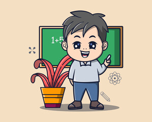vector illustration of a teacher teaching by pointing at the blackboard, ornamental plants beside him. profession icon concept