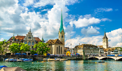 Zurich with Fraumunster Church at the Limmat River in Switzerland