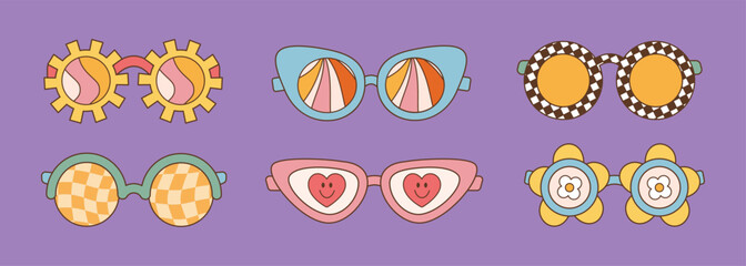 Sunglasses set in retro groovy hippie style, different forms. Vector illustration 70s 80s