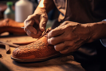 the weary hands of a shoemaker tying the laces of his shoes. Custom Made Shoes. Heritage Craft.  - obrazy, fototapety, plakaty