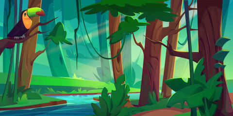 Jungle forest with winding river and toucan on wood branch. Cartoon vector of rainforest landscape with green trees and hanging vines, bushes and grass on riversides. Summer tropical scenery. © klyaksun