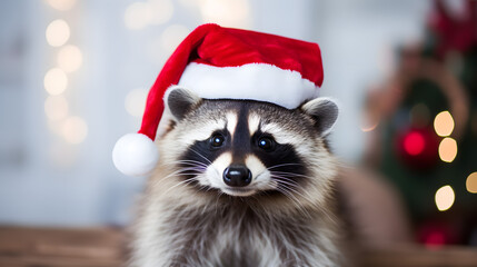 Fototapeta na wymiar Raccoon Rocking a Santa Hat with Festive Lights in the Background. Cool little bandit!