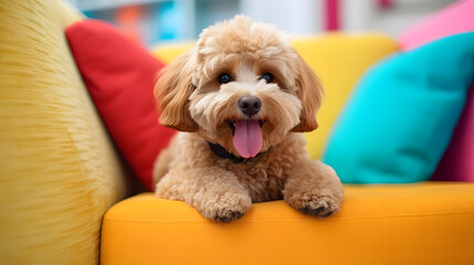 Fluffy Dog Relaxing on a Colorful Sofa, Sticking Out Tongue.