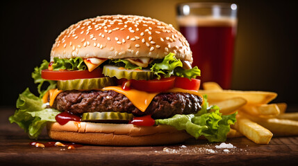 Juicy Beef Burger with Fresh Veggies, Cheese, Fries, and Cold Beer on Dark Background