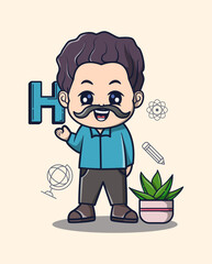 vector illustration of a teacher with a mustache teaching, ornamental plants on the side. profession icon concept