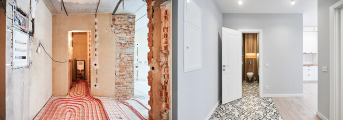 Comparison of bathroom with wall-hung toilet and heated floor before and after refurbishment. Old apartment restroom with underfloor heating pipes and new renovated flat with modern toilet.