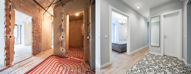 Comparison of old flat with underfloor heating pipes and new renovated apartment with doors, mirror and gray walls. Photo collage of apartment hallway and bedroom before and after restoration. - Powered by Adobe