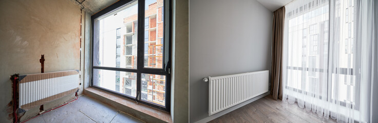 Comparison of apartment flat before and after restoration or refurbishment. Photo collage of old...