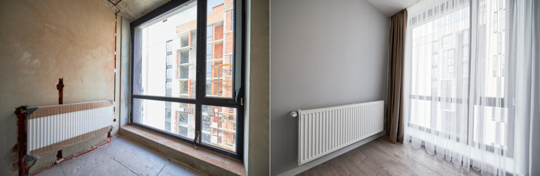 Comparison of apartment flat before and after restoration or refurbishment. Photo collage of old room with large windows and new renovated room with heating radiator, parquet floor and white walls.