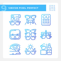 Pixel perfect gradient icons set of eye care, thin linear illustration.