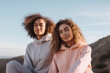 Fototapeta premium Two radiant young women in neutral hoodies enjoy a serene outdoor moment