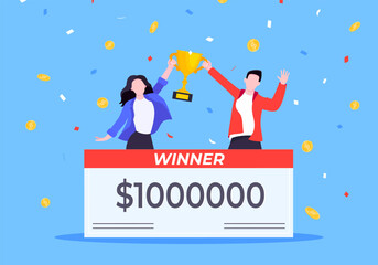 Happy lottery winners with big prize paycheck. Fortune lottery or casino gambling lucky games concept flat style design vector illustration. People jumps in the air with trophy cup. - obrazy, fototapety, plakaty